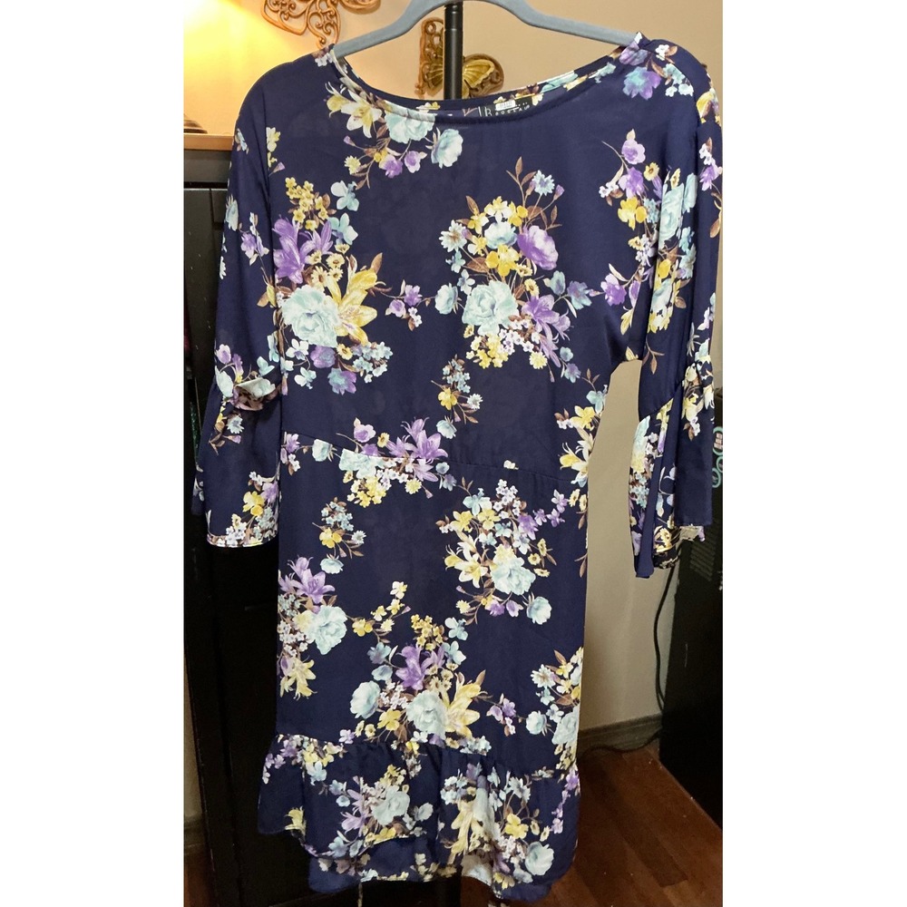 Bobeau Navy Blue Floral Bell Sleeve Ruffle Hem Mini Dress Womens Small